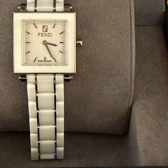 Fendi Square Ceramic White Watch, Stainless Steel Authentic Preloved